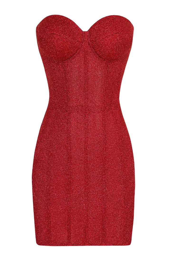 AKILANI | STRAPLESS GLITTER RED CORSET MINI DRESS