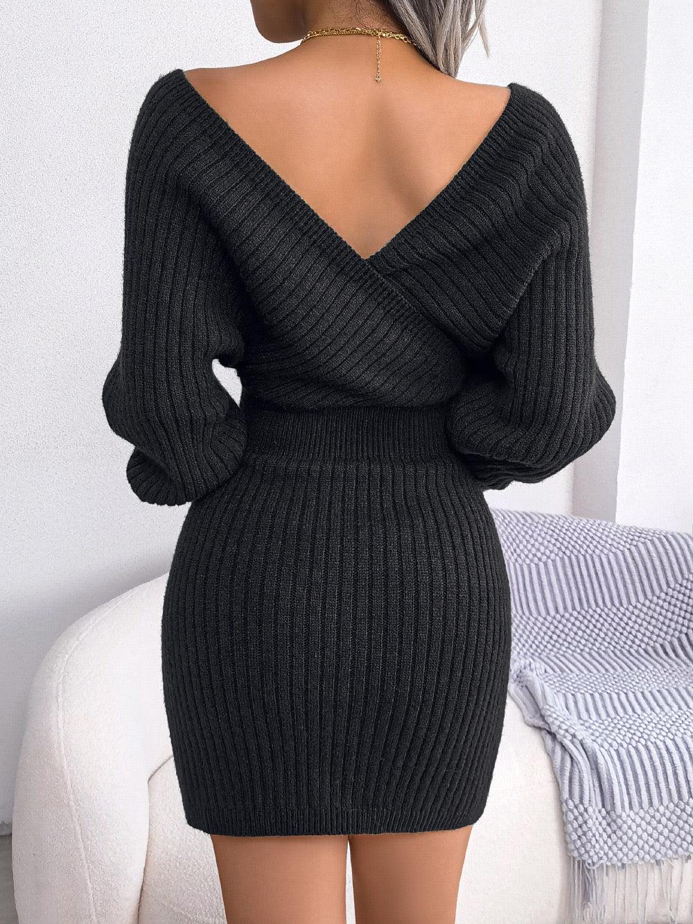 ELVESSA | V-NECK KNITTED LOOSE SLEEVES MINI DRESS