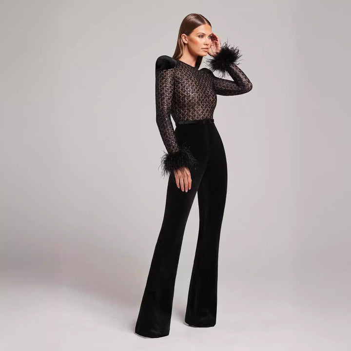 LENIRA | FUR SLEEVES LACE SLIM FIT JUMPSUIT