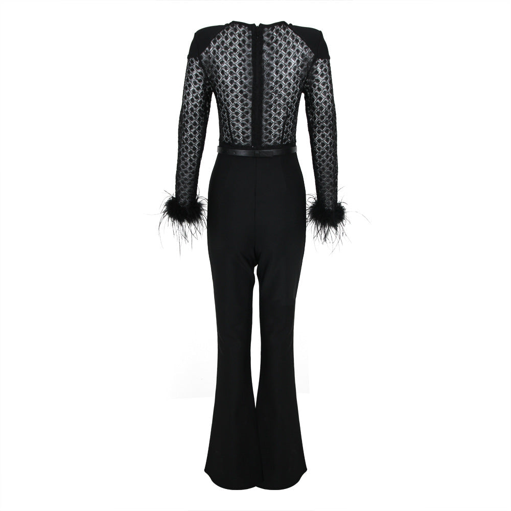 LENIRA | FUR SLEEVES LACE SLIM FIT JUMPSUIT