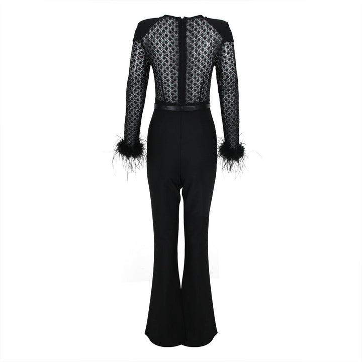 LENIRA | FUR SLEEVES LACE SLIM FIT JUMPSUIT